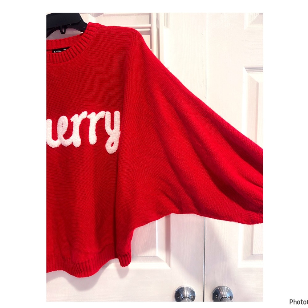 Red & White Merry Christmas Crewneck Sweater Holiday Festive Medium - Picture 3 of 4